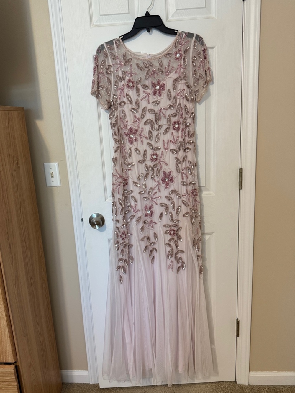 Adrianna Papell Blush Pink Beaded Floral Maxi Dress